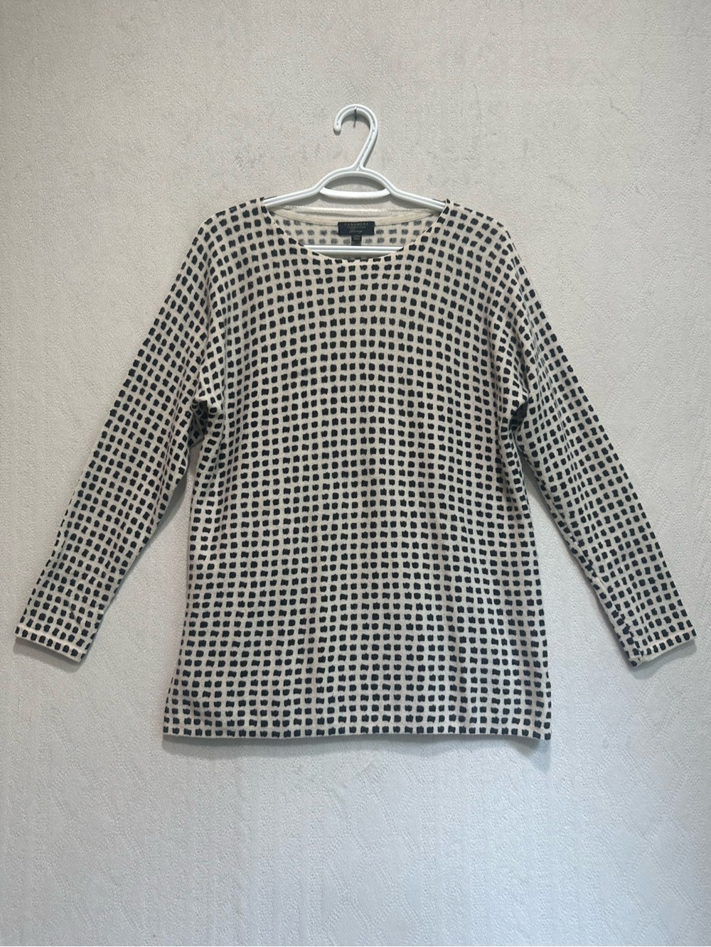 Charter Club Luxury Cashmere Black & White Grid Knit Long-Sleeve Sweater Sz M